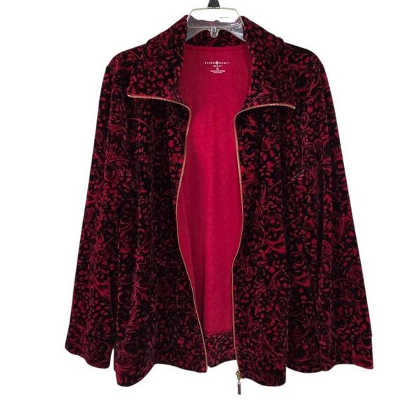Karen Scott Sport Women Jacket XL Burgundy Velvet-Look Paisley Zip Front Pockets - Picture 12 of 13